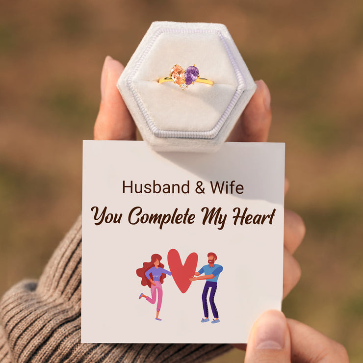 Husband & Wife Dual Water Drop Birthstone Heart Ring